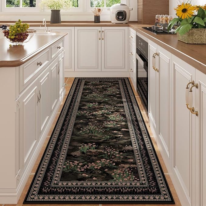 2x6 Runner Rug Impressionist-Style Vintage Kitchen Rugs Non Slip Washable Soft Carpet Runner for Kitchen Laundry Bedroom Bathroom, Black