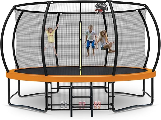 Tatub Large Trampolines Outdoor 10 12 14 15 16FT for Kids and Adults,Outdoor Recreational Pumpkin Trampolines with Curved Poles and Safety Enclosure Net, Basketball Hoop, Ladder