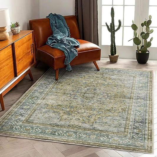 Washable Area Rug 4'x6' Traditional Floor Cover Foldable Thin Rugs Retro Kitchen Indoor Distressed Non Slip Carpet Floral Print Mat Bedroom Living Room