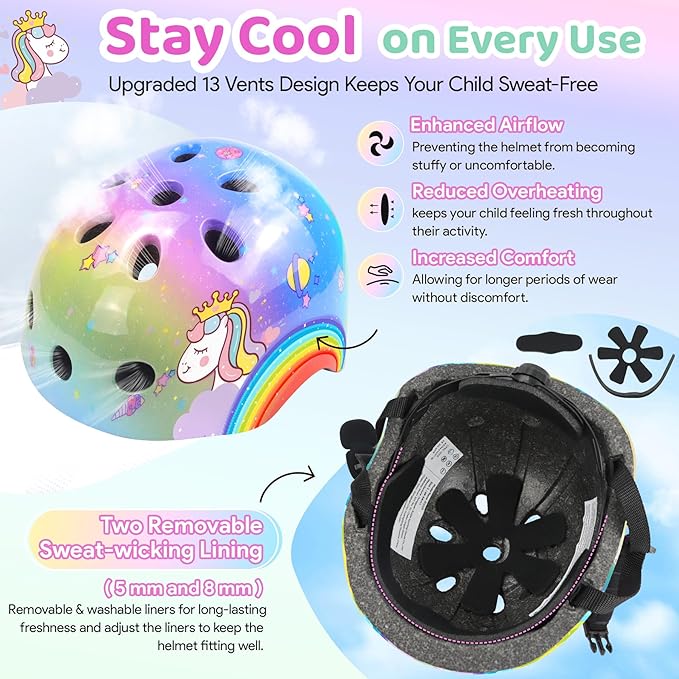 Vvinca Kids Toddlers Bike Helmet Adjustable for Ages 3-5-8 Years, Knee Pads and Elbow Pads Set Wrist Guard Sports Protective Gear Set for Roller Skate Bicycle Skateboard Scooter Girl Boy Birthday Gift