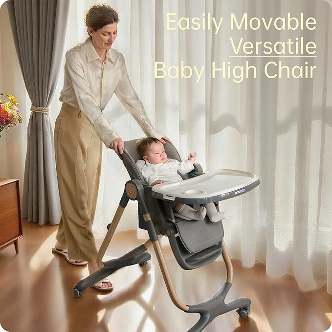 6 in 1 Convertible High Chairs for Babies and Toddlers,Portable High Chair with Dishwasher Tray and 4 Wheel,Booster Seat for Dining Table,Foldable Toddle and Baby Feeding Highchair (Gold-Grey)