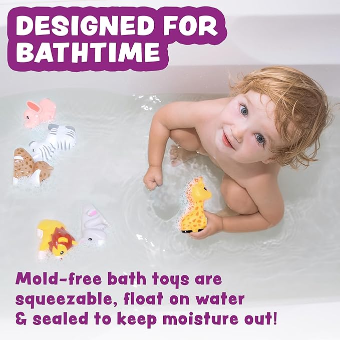Tub Works® Savanna™ Mold Free Bath Toys, 6 Pack | Sealed, No Hole Bath Toys Design Keeps Moisture Out | Soft, Squeezable & Float on Water | Easy-Grip Baby & Toddler Bathtub Toys | Great Baby Pool Toys