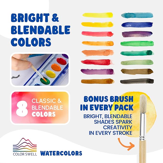 Color Swell Washable Bulk Watercolors, 18 pack, 8 Colors, Wood Brush, Classroom Bulk Pack - Bulk Watercolors