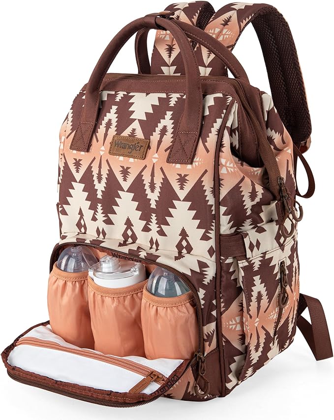 Wrangler Aztec Backpack Organized Daypack Travel Baby Bag with Stroller Strap and Side Bottle Pockets WG2204-9110BR