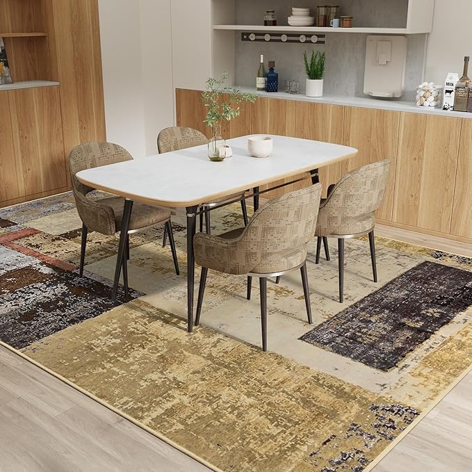 LOCHAS Rug for Living Room, Washable Soft Area Rugs for Bedroom 6x9, Abstract Carpet for Indoor Office Kids Dining Room Nursery Floor, Khaki Geometric Vintage Home Decor, Non Slip, Pet Child Friendly