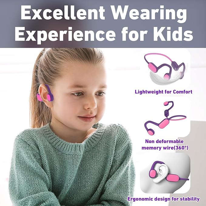 Kids Headphones, Bluetooth 5.2 Air Conduction Open Ear Headphones, 85dB Volume Limiting, Stereo Sound with Mic, IPX5 Waterproof, 20H Playtime, Perfect for School and Outdoor Activities-Purple