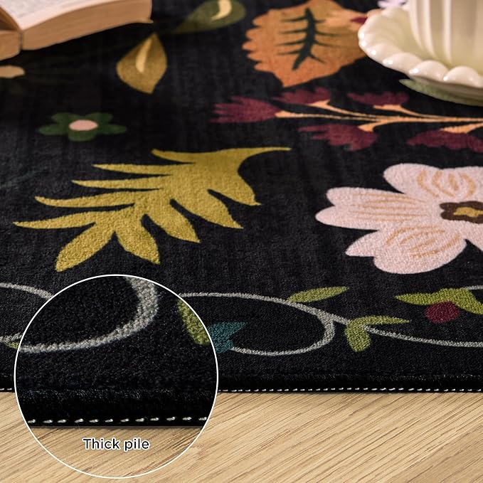 2x3 Washable Rug for Entryway, Floral Soft Small Area Rug, Non Slip Doormat Indoor Entrance Carpet, Flower Low Pile Front Door Throw Rug for Bedroom, Kitchen, Laundry, Bathroom, Black