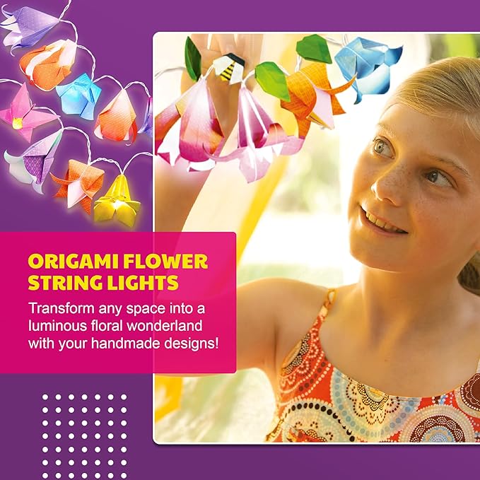 KidzMaker - Origami Flower Lights - DIY Craft Kit for Kids - Make Beautiful Flower-Shaped Origami Paper Kit Lights - Includes Colorful Papers & LED Lights - Fun Creative Activity for Room Decoration