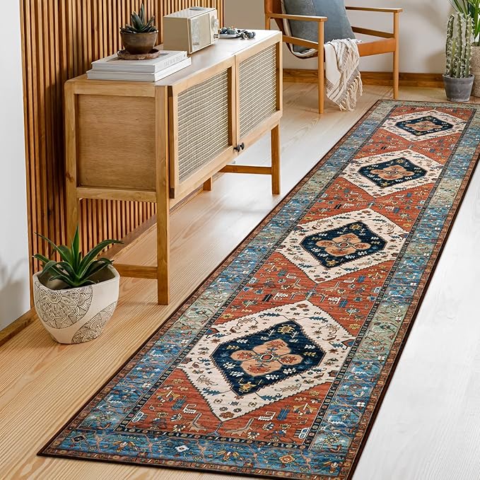Lahome Boho Runner Rugs for Hallway 2x10 Extra Long Washable Non-Slip Hallway Rug Runner Low-Pile Stair Kitchen Carpet Oriental Throw Carpet for Entrance Bathroom Living Room Mat Foyer
