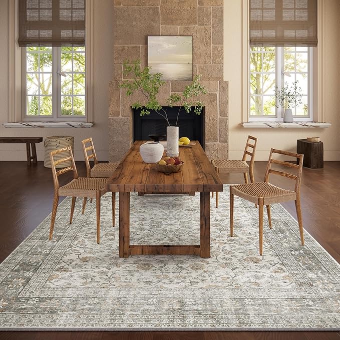 Machine Washable Rugs for Living Room: 5x7 Area Rugs for Bedroom Vintage Stain Resistant Non Slip Low Pile Soft Boho Carpet for Kitchen Dining Room Farmhouse Kids Room Nursery