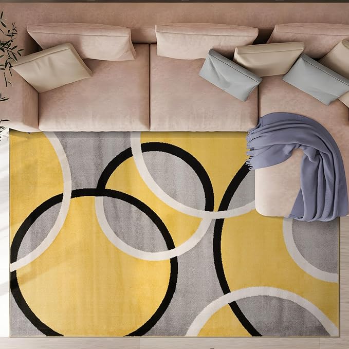 Rugshop Contemporary Abstract Circles Easy Maintenance for Home Office,Living Room,Bedroom,Kitchen Soft Area Rug 10' x 14' Yellow