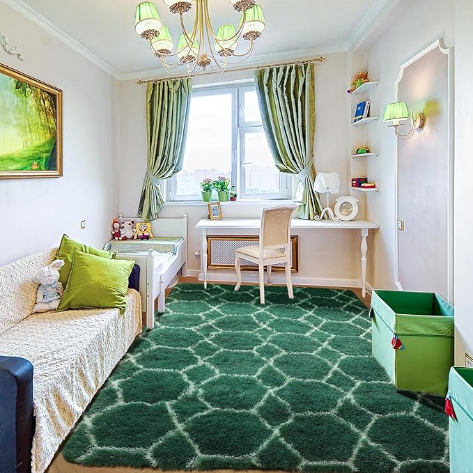 ONASAR Area Rugs for Living Room Bedroom, 5x8 Washable Fluffy Dark Green and White Rug, Geometric Boho Soft Plush Shaggy Fuzzy Floor Carpet for Nursery Kids Girls Boys Teen Dorm Home Decor Aesthetic