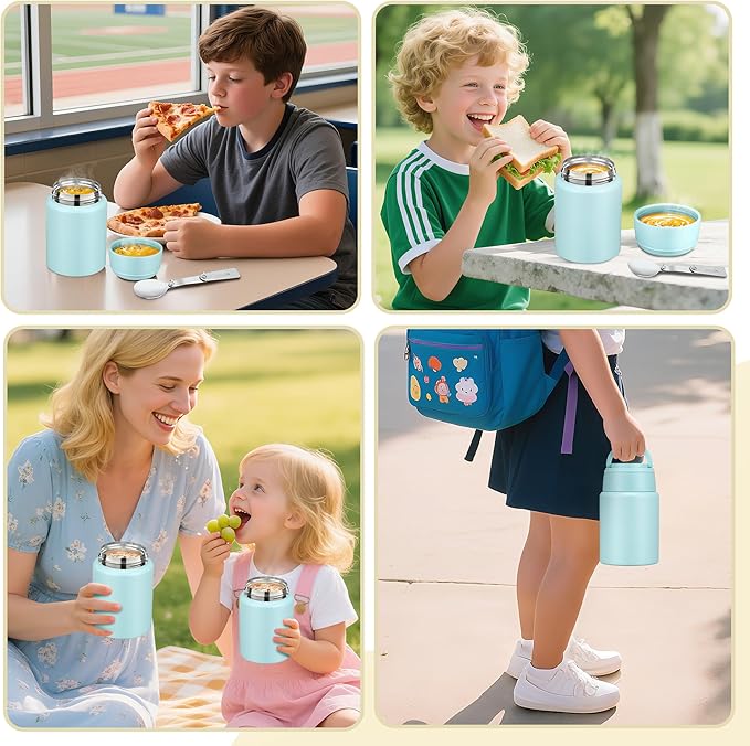 Soup Thermo for Hot Food Kids 16oz Insulated Food Jar Leakproof Thermo Lunch Container for Kids Wide-Mouth Stainless Steel Lunch Box for School with Handle Folding Spoon(3+)