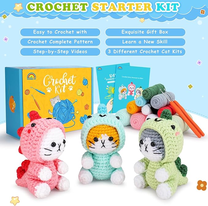 Crochet Kit for Beginners - 3 PCS Dinosaur Cat Crochet Kits with Step-by-Step Video Tutorials, Beginner Crochet Kit for Adults Kid, Crochet Animal Kit for Starters, Cat Dressed as Dinosaur Crochet Set