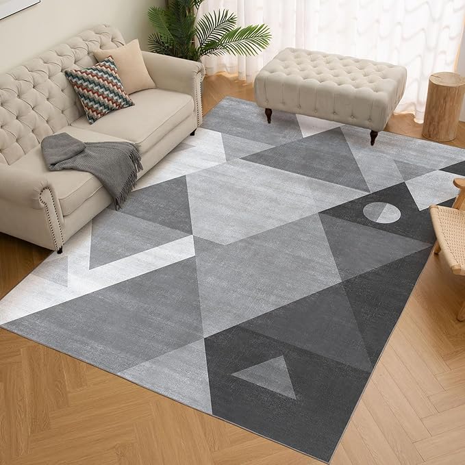 HOMFINE Washable Modern Area Rug - Geometric Style 9x12 Rugs for Living Room, Bedroom, Machine Washable Rug Soft Non Slip Non Shedding Area Rug - Grey, 9'x12'