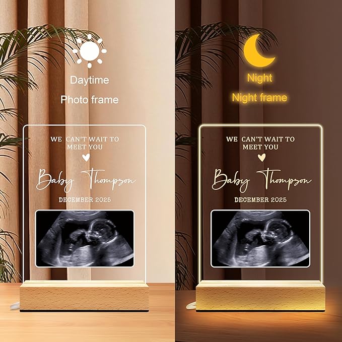 Personalized First Time Parents Gifts for Mom, Custom Ultrasound Picture Frame for Pregnant Announcement, Anniversary Mothers Day Gifts for Mom from Kids, Customized Acrylic Plaque Night Light