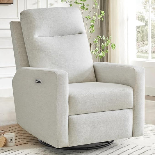 Power Swivel Recliner Chair – Nursery Glider Rocker with USB & Type-C, High Back Reclining Chair for Breastfeeding & Baby Room, Linen Fabric, Beige Grey