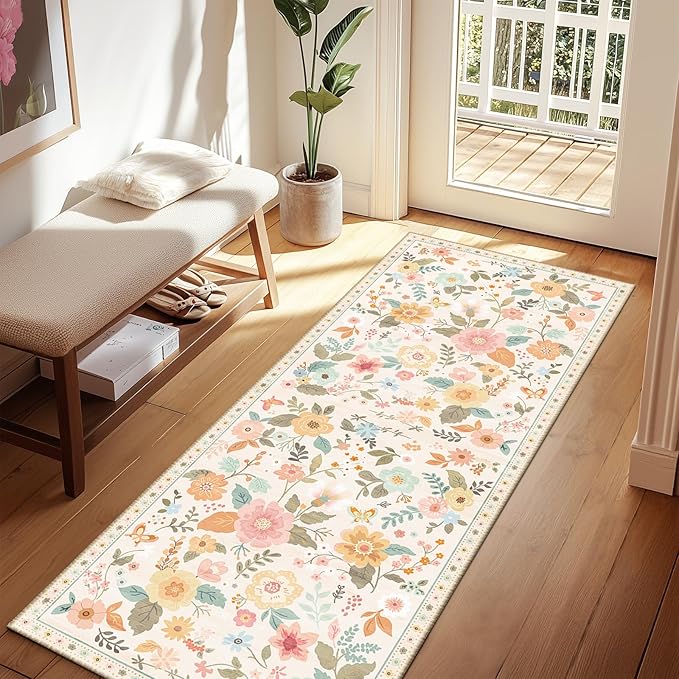 Floral 2x6 Area Rug Machine Washable Soft Print Boho Carpet Non Slip Doormat Low Pile Flower Area Rugs for Living Room Bedroom Nursery Kitchen Dining Room Indoor-Beige/White/Orange