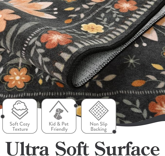 Moynesa Boho Bird 3x5 Rug, Ultra Thin Washable Kitchen Rugs Anti Skid Rubber Backing, Low Pile, Soft, Indoor Large Black Throw Carpet for Entryway Office Bedroom Bathroom Living Room