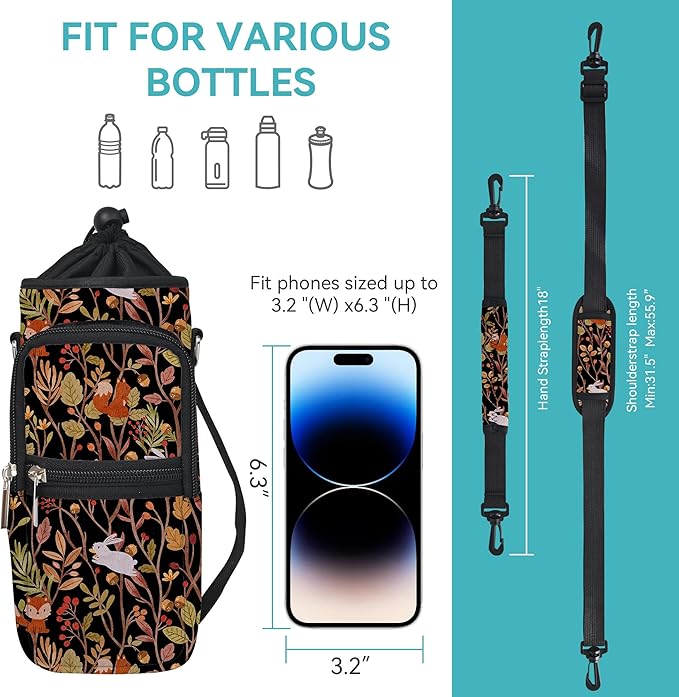 25/32/40/64oz Water Bottle Bag Holder Carrier-Insulated Crossbody Sling Case Sleeve with Strap & Pockets for Men Women Gym Cycling Travel Walking Hiking Camping