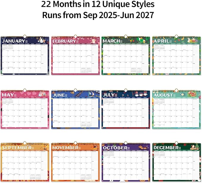 Calendar 2025-2027 22 Monthly Wall Calendar Runs from September 2025 until June 2027 Spiral Binding Hanging 11.5" x 14.7" Thick Paper with Julian Dates and Block for School Office（Festive)