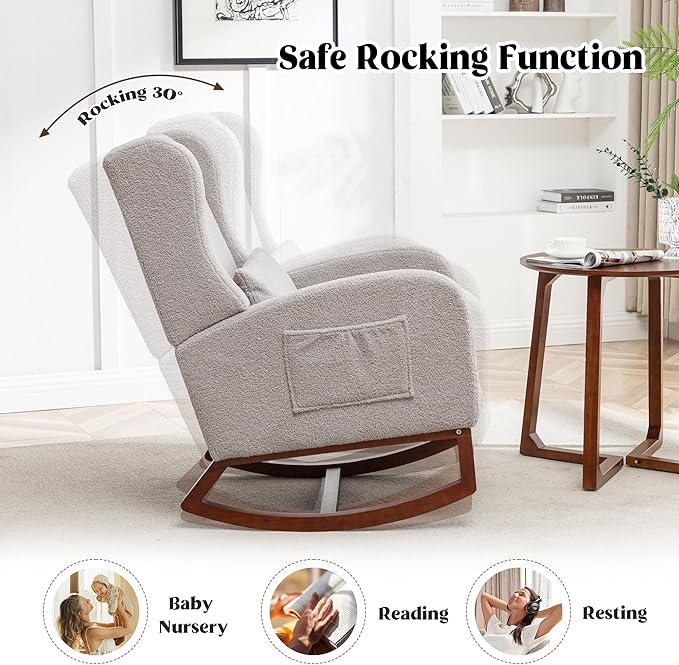 Rocking Chair Nursery with Foot Rest, Wingback Nursery Rocking Chairs, Teddy Nursing Glider Rocker Chair with Pillow and High Back for Nursery, Living Room, Bedroom, Grey
