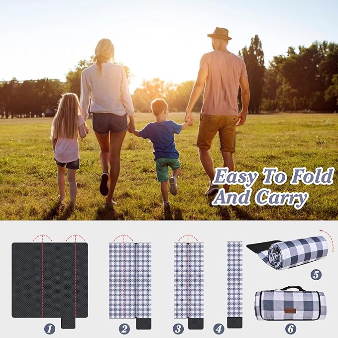 HX&OD Outdoor Picnic Blanket, Extra Large, 80''x60'' Waterproof Foldable Blankets Gingham Picnic Mat for Beach, Camping Grass Lawn Park Accessories Cute Couple Ideas Wedding (Gray, 80”x60”)