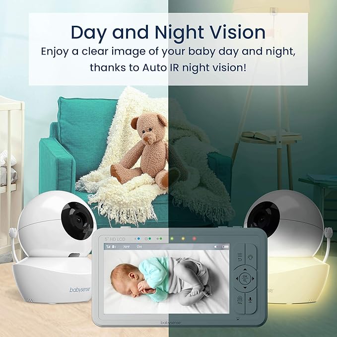 Babysense 5" HD Split-Screen Baby Monitor, Video Baby Monitor with 2 Cameras and Audio, Night Light, 1000ft Range, Two-Way Audio, 4X Zoom, Night Vision, 4000mAh Battery