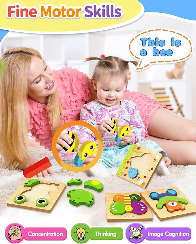 Bekayshad Wooden Puzzles Toddler Toys Gifts for 1 2 3 Year Old Boys Girls, 12 Pack Animal Jigsaw Puzzles Montessori Toys, Learning Educational Birthday Gifts for Girls Boys Ages 1-3