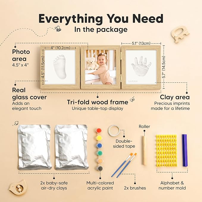 Baby Shower Gifts for Boys, Girls - Baby Hand and Footprint Kit, Newborn Handprint Kit, Keepsake Photo Frame, Nursery Picture Frame, Gender-Neutral Newborn Keepsake Gifts (Ash Wood)