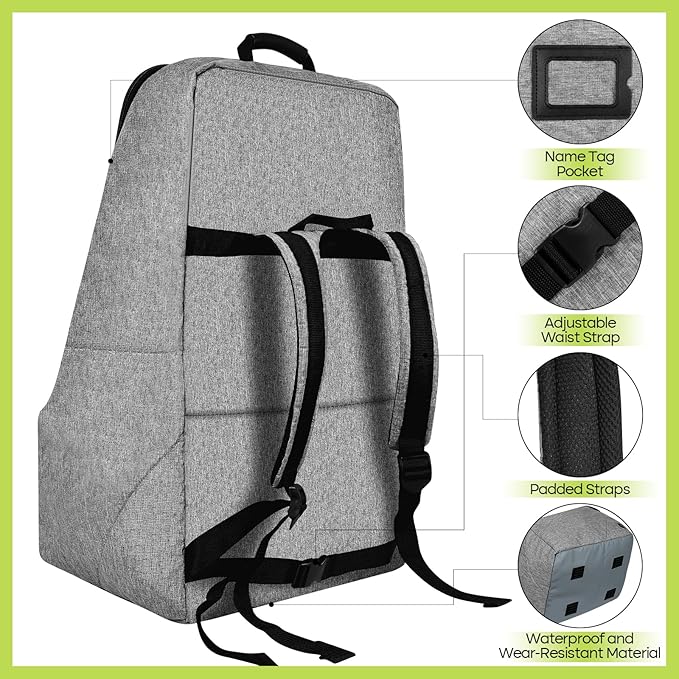 Padded Car Seat Travel Bag for Airplane, Heavy Duty Backpack for Air Travel, Water-Resistant Carrier with Shoulder Strap, Fits Most Car Seats (Grey)