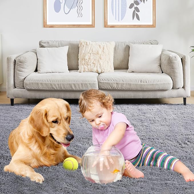 Ultra Soft Grey Rugs for Living Room, 5x7 Fluffy Plush Area Rugs for Bedroom, Non-Slip Floor Carpet for Kids Room, Bedside, Playroom, Corridor, Indoor Decor