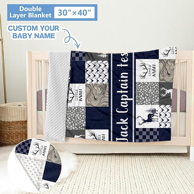 Personalized Baby Bedding Set, 5 Pcs Custom Name Crib Bedding Set, Double Layer Blue Nursery Bedding Set for Baby Boys, Woodland Deer Baby Crib Set, Gifts for Toddlers Infants New Parents