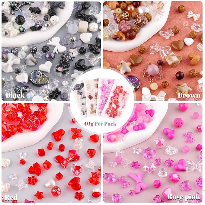 Assorted 180-240PCS Acrylic Beads for Bracelet Making, Bow Butterfly Candy Heart Gummy Bear Kawaii Aesthetic Bracelet Charms,Cute Beads for Jewelry Making DIY Necklace Keychain Phone Charm