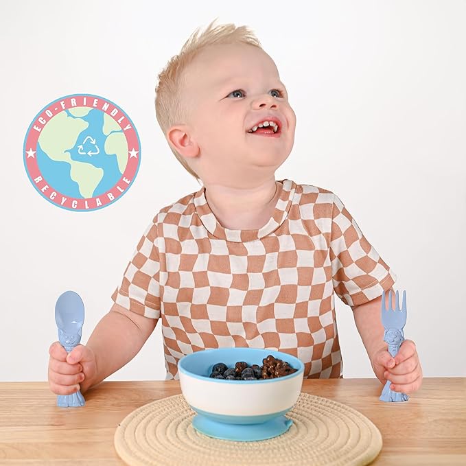 Made in USA Spoon la la Toddler Utensils Set - 2 Pack (1 Spoon & 1 Fork for Kids) - Self-Standing 3D Ergonomic Cat & Dog Handles - BPA-free, Dishwasher Safe, Baby Silverware (Blue)
