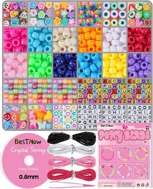 BestNow Bracelet Making Kit Beads for Bracelets Pony Beads Polymer Clay Beads Smile Face Beads Letter Beads for Jewelry Making DIY Arts and Crafts Gifts Toys for Girls Age 6-12