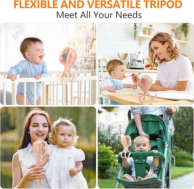 snawowo Mini Portable Baby stroller Fan, Auto Oscillating Battery Operated Personal Small Handheld Fan with Flexible Tripod, Rechargeable Clip On for Car Seat Crib Treadmill Travel Camping Pink