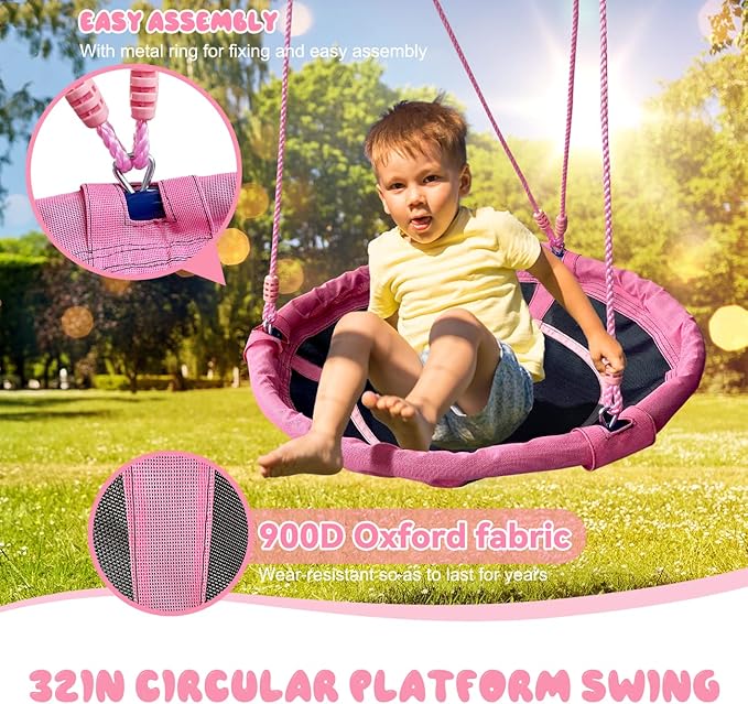 440lbs 2 Seat Kids Swing Sets for Backyard, 1 Saucer Tree Swing 32 inch, 1 Belt Swings, Heavy Duty Metal Swing Stand with Anchors(Pink+Blue)