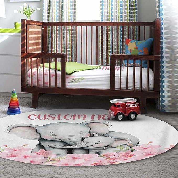 Personalized Baby Crib Bedding Set for Baby Girls, Pink Flower Elephant Design Custom Name Baby Crib Sets 5-Pcs, Toddler Double Layer Blanket Fitted Sheets Changing Pad Cover Rug Wall Art Set