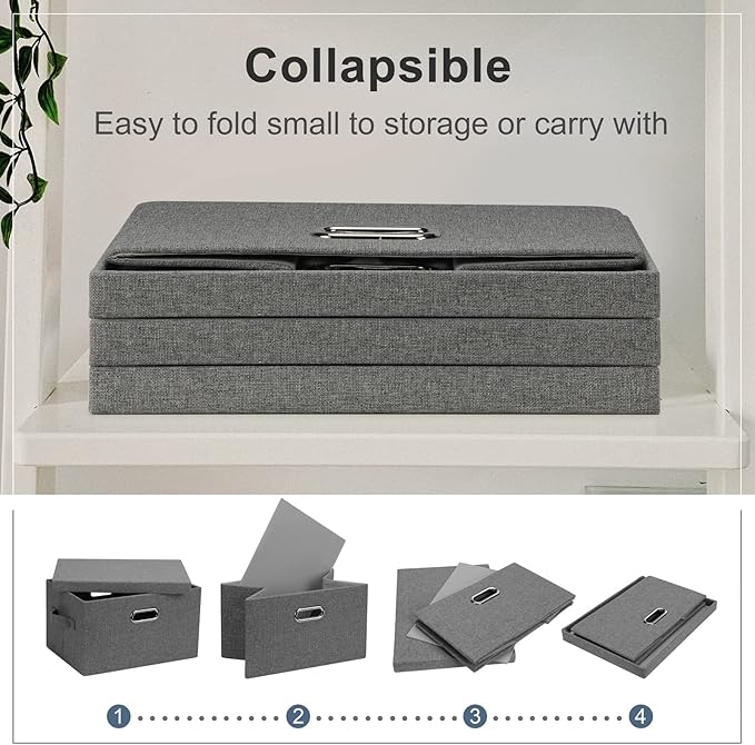 Medium 15" 21 Quart Collapsible Stackable Storage Bins with Lids, 3 Packs Grey Foldable Fabric Closet Boxes Heavy-duty Linen Cube Baskets Container for Bedroom Office (15 x 11 x 8)