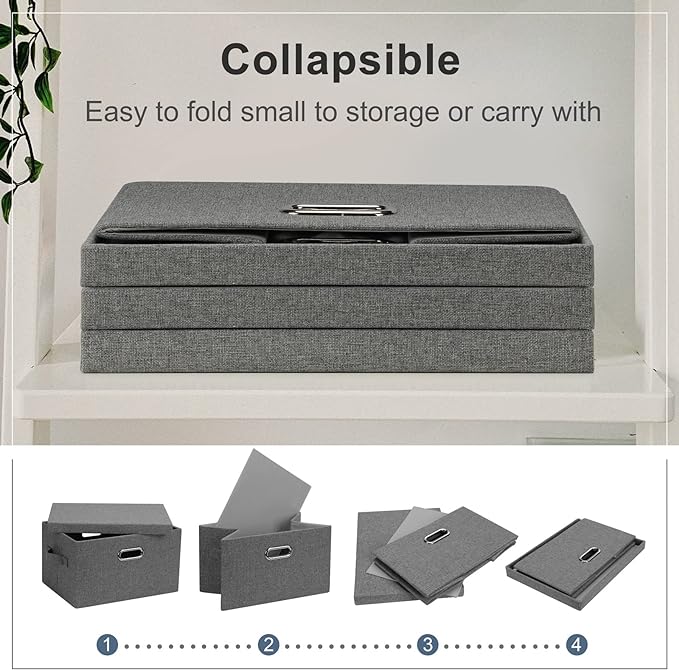 Medium 15" 21 Quart Collapsible Stackable Storage Bins with Lids, 1 Pack Gray Foldable Fabric Closet Storage Boxes with Lids, 4 Handles Heavy-duty Linen Cube Baskets for Bedroom