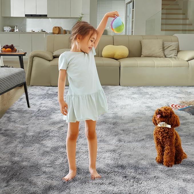 Ultra Soft Rug for Living Room, 6X9 Fluffy Shag Area Rug for Bedroom, Modern Shaggy Carpets Fuzzy Rug for Teens Dorm Nursery Home Decor Aesthetic, Upgrade Anti-Skid Durable, Tie-Dyed Light Grey