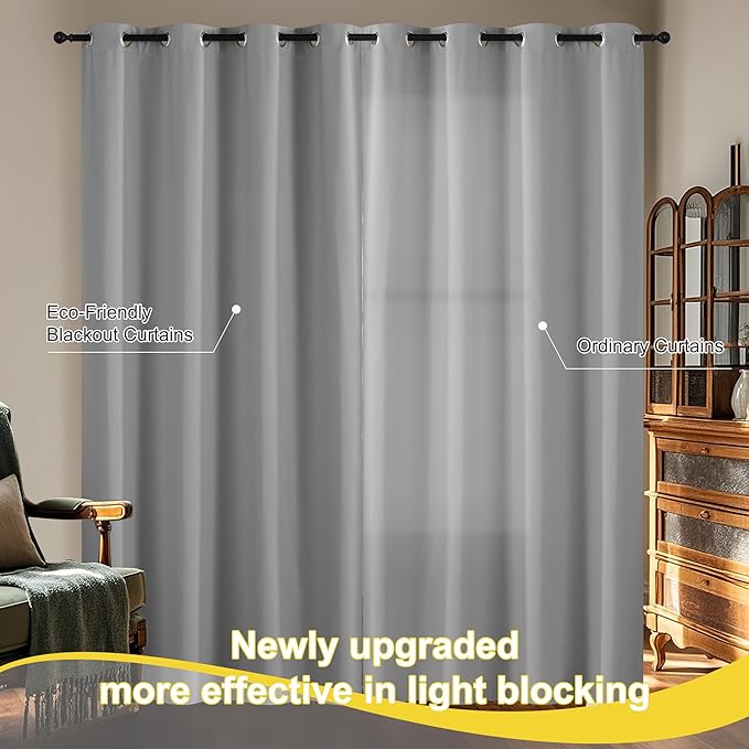 NICETOWN 100% Blackout Curtains for Bedroom, Thermal Insulated Window Curtains 63 Inch Length 2 Panels Set, Grommet Top Drapes for Living Room, 52" W x 63" L, Silver Grey