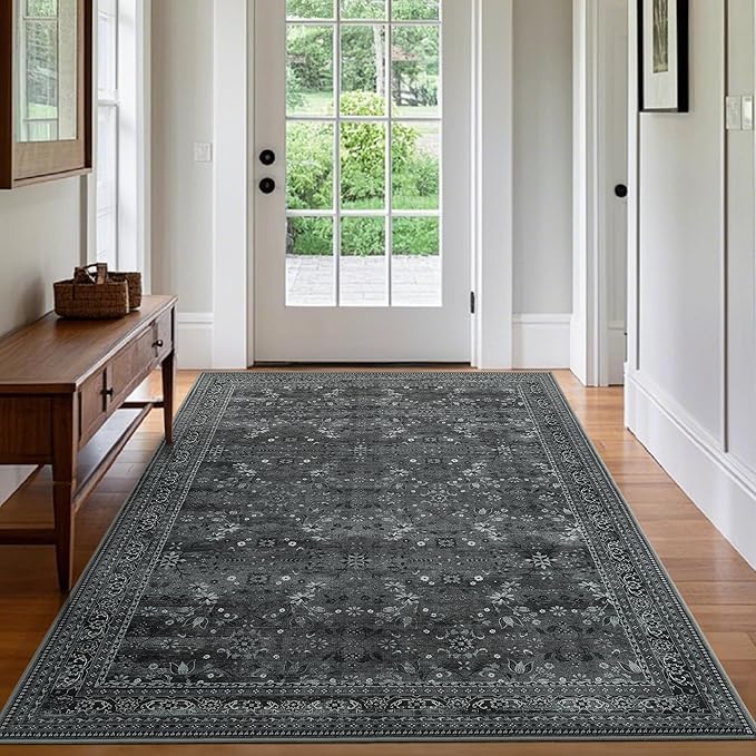 Large 8x10 Washable Area Rug for Living Room, No Shedding Vintage Floral Rugs Non Slip, Indoor Thin Retro Accent Carpet for High Traffic Areas Bedroom Farmhouse Dining Room Black/Gray