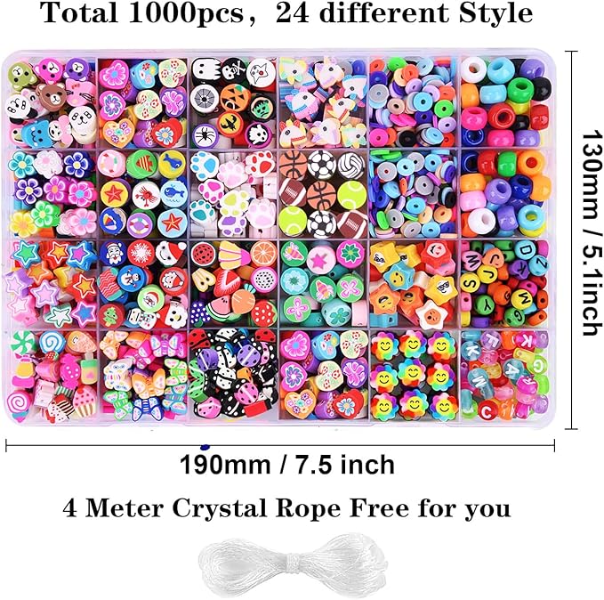 1000PCS Polymer Clay Beads Bracelet Making kit, 24 Style Cute Fun Beads Fruit Flower Animal Cake Butterfly Heart Beads Charms for Jewelry Necklace Earring Making DIY Accessories for Women Girls