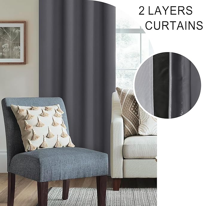 XWZO 100% Blackout Curtains 84 Inches Long - Heat and Full Light Blocking, Thermal Insulated Rod Pocket Window Panels for Bedroom/Nursery with Tiebacks, Dark Grey, W42 x L84, Set of 2 Draperies