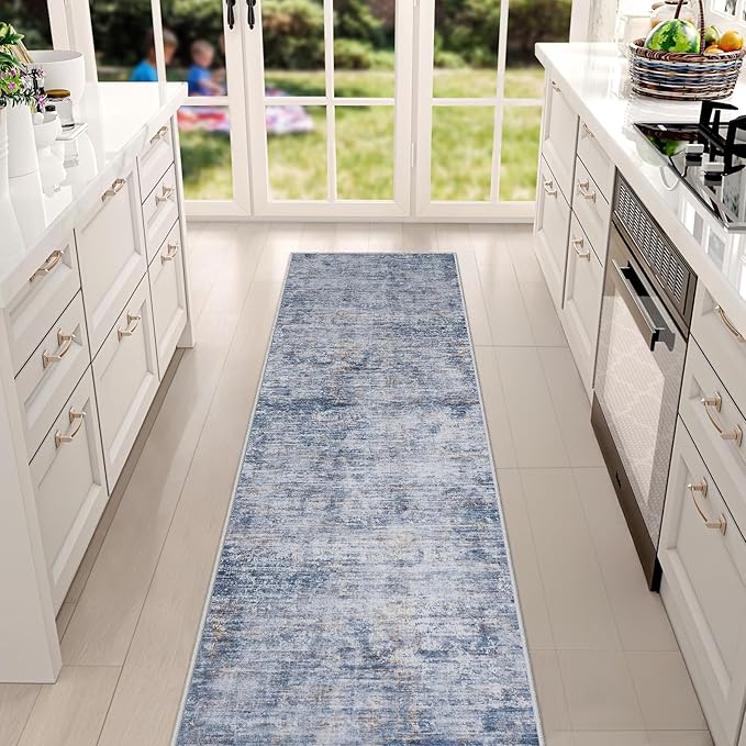 Runner Rug 2'6''x8' Kitchen Runner Rug: Modern Abstract Washable Area Rug with Non-Slip Backing, Thin Long Carpet Runner for Hallway, Bedroom, Laundry Room-Blue/Brown