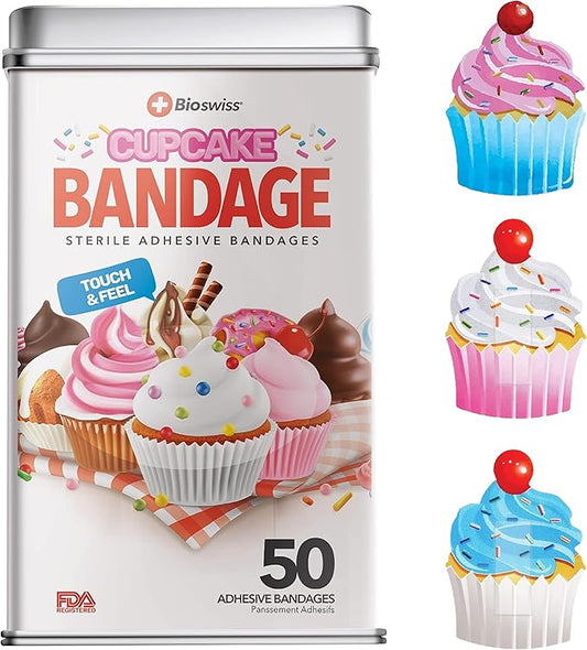 BioSwiss Bandages, Cupcake Shaped Self Adhesive Bandage, Latex Free Sterile Wound Care, Fun First Aid Kit Supplies for Kids, 50 Count
