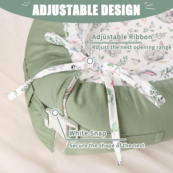 Baby Lounger Cover for Boys Girls, Reversible Baby Nest Cover, Adjustable Baby Lounger Replaceable Cover for Infant Newborn, Portable and Machine Washable, Cotton Green Rabbit Cover Only