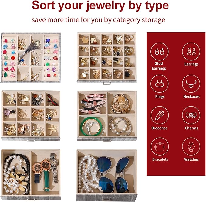 BOOVO Jewelry Box For women, 6 Layer Large Jewelry Organizer With Mirror, Accessory Holder With 5 Drawers, For Earrings Necklace Ring Bracelet (woodgrain grey)
